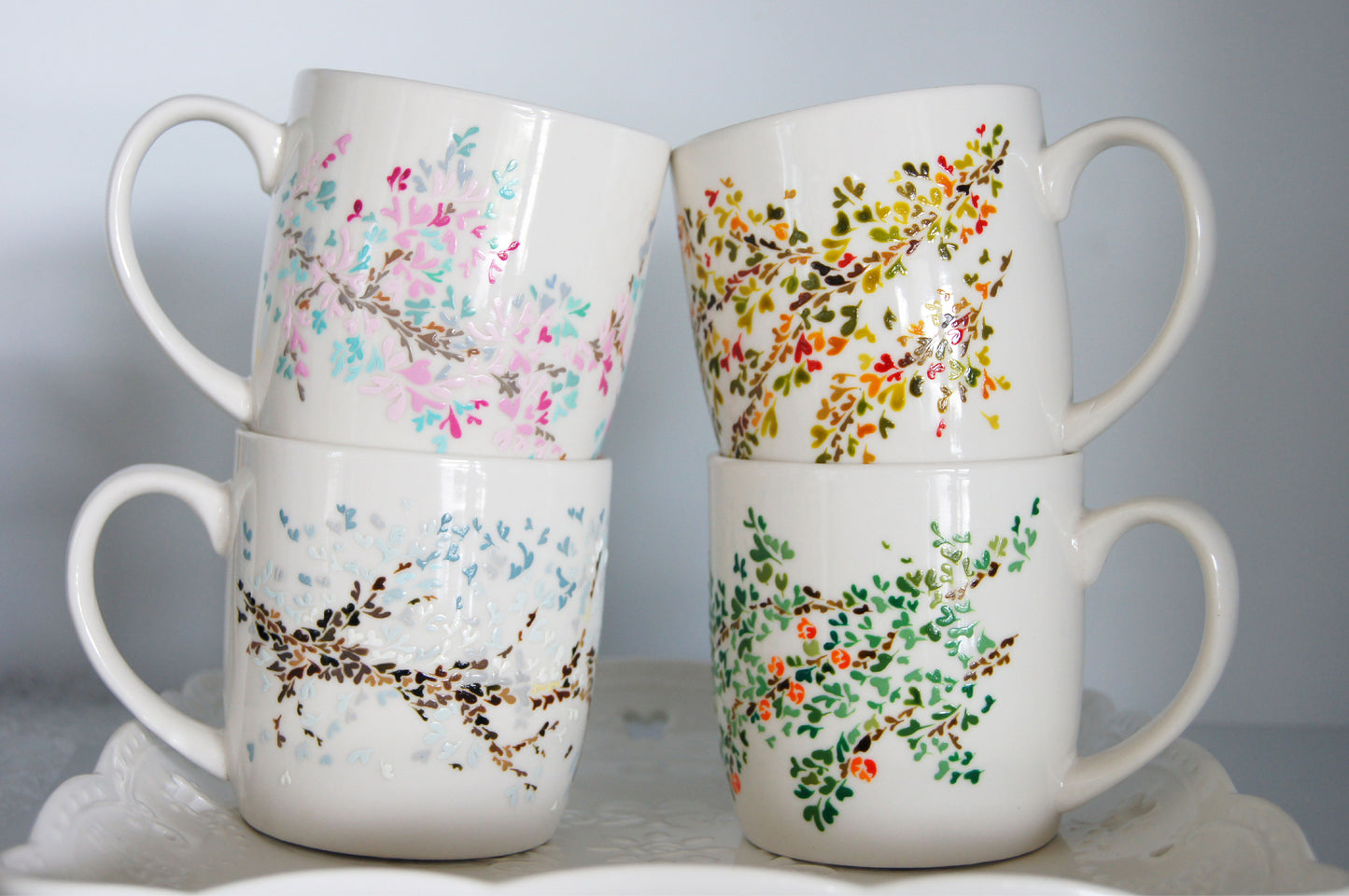 Four Seasons Handpainted Ceramic Mug - Set of Four - Customise with Name / Words